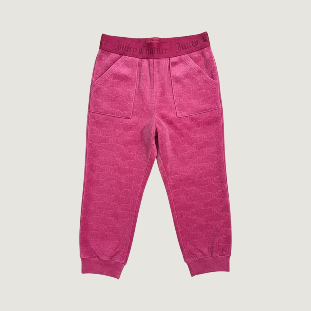 VTG Y2K Juicy Couture Velour Monogram Print Jogger Pants Bright Pink Logo Kid 2T